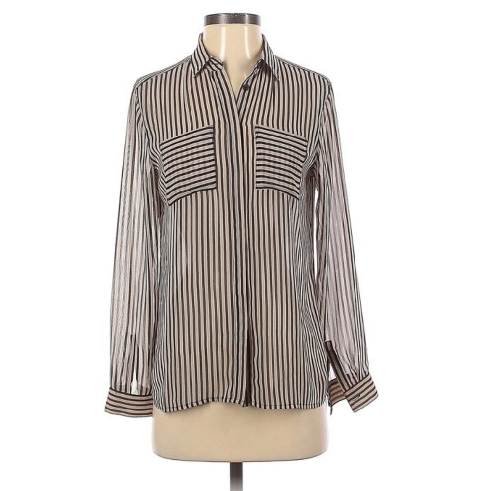 LOFT Striped Collared Long Sleeve Blouse in Beige / Black